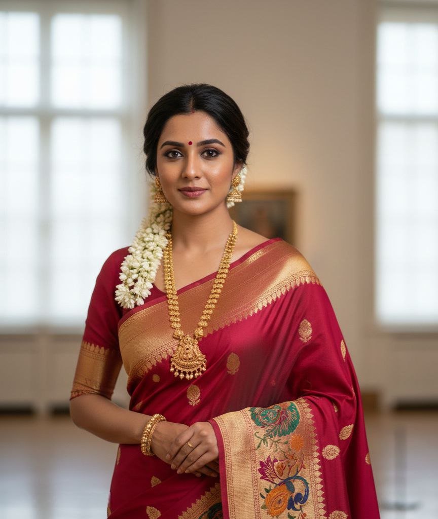 Premium Saree Collection - Traditional Maroon Saree with Gold Border